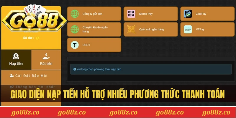 Giao diện nạp tiền hỗ trợ nhiều phương thức thanh toán